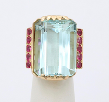 Load image into Gallery viewer, Vintage Retro 14K Yellow Gold Large Aquamarine &amp; Ruby Ring
