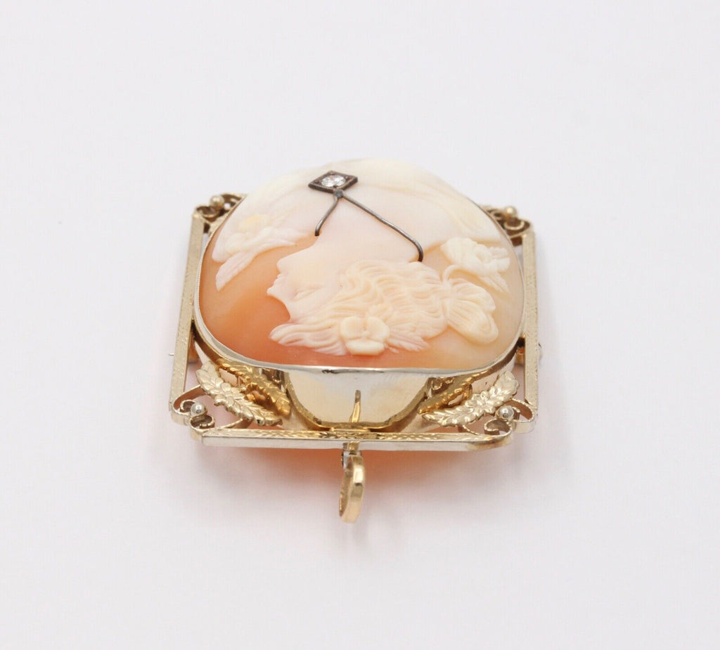 Edwardian Carved Portrait Cameo 14K Yellow Gold Diamond Brooch Pendant