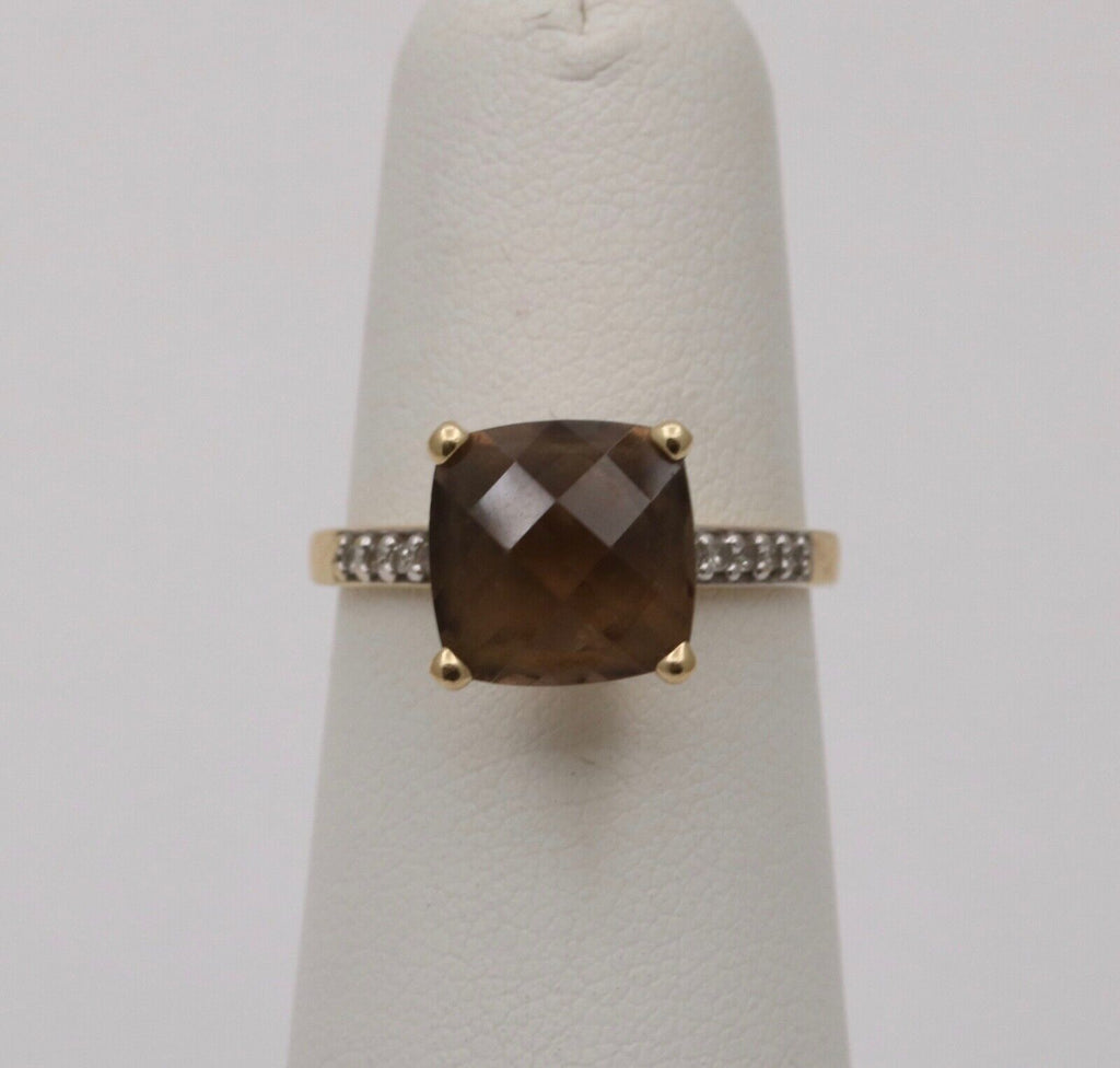 Vintage Smoky Quartz Diamonds 14K Yellow Gold Ring