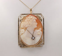 Load image into Gallery viewer, Edwardian Carved Portrait Cameo 14K Yellow Gold Diamond Brooch Pendant
