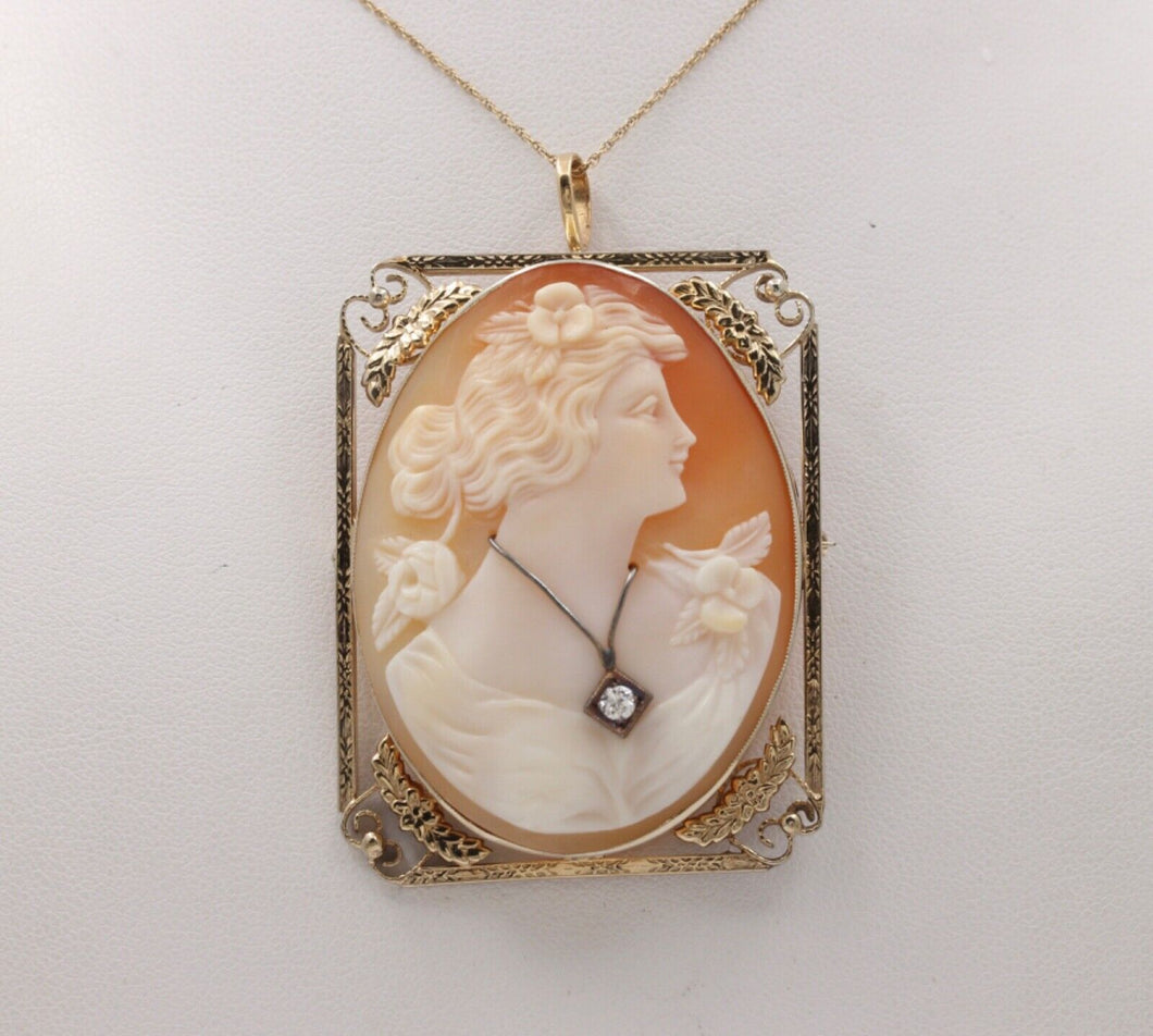 Edwardian Carved Portrait Cameo 14K Yellow Gold Diamond Brooch Pendant