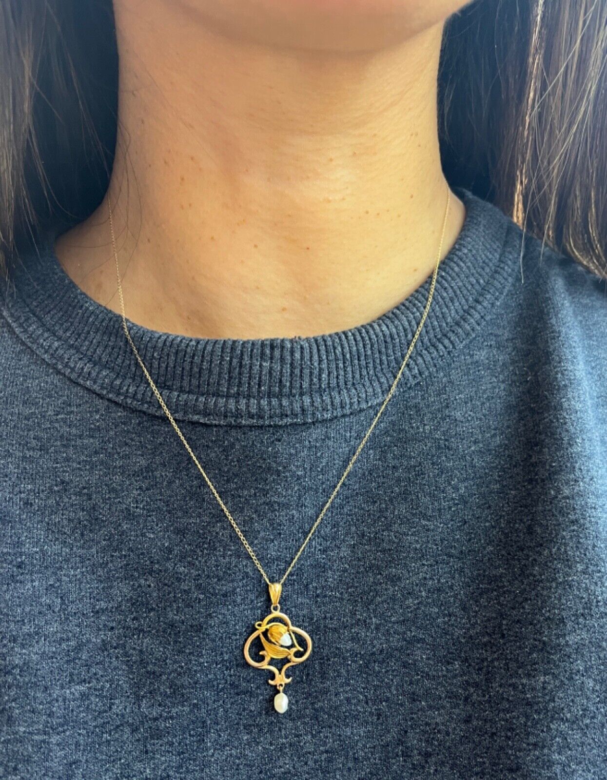 Art Nouveau 10K Yellow Gold Acorn Pearl Pendant Necklace