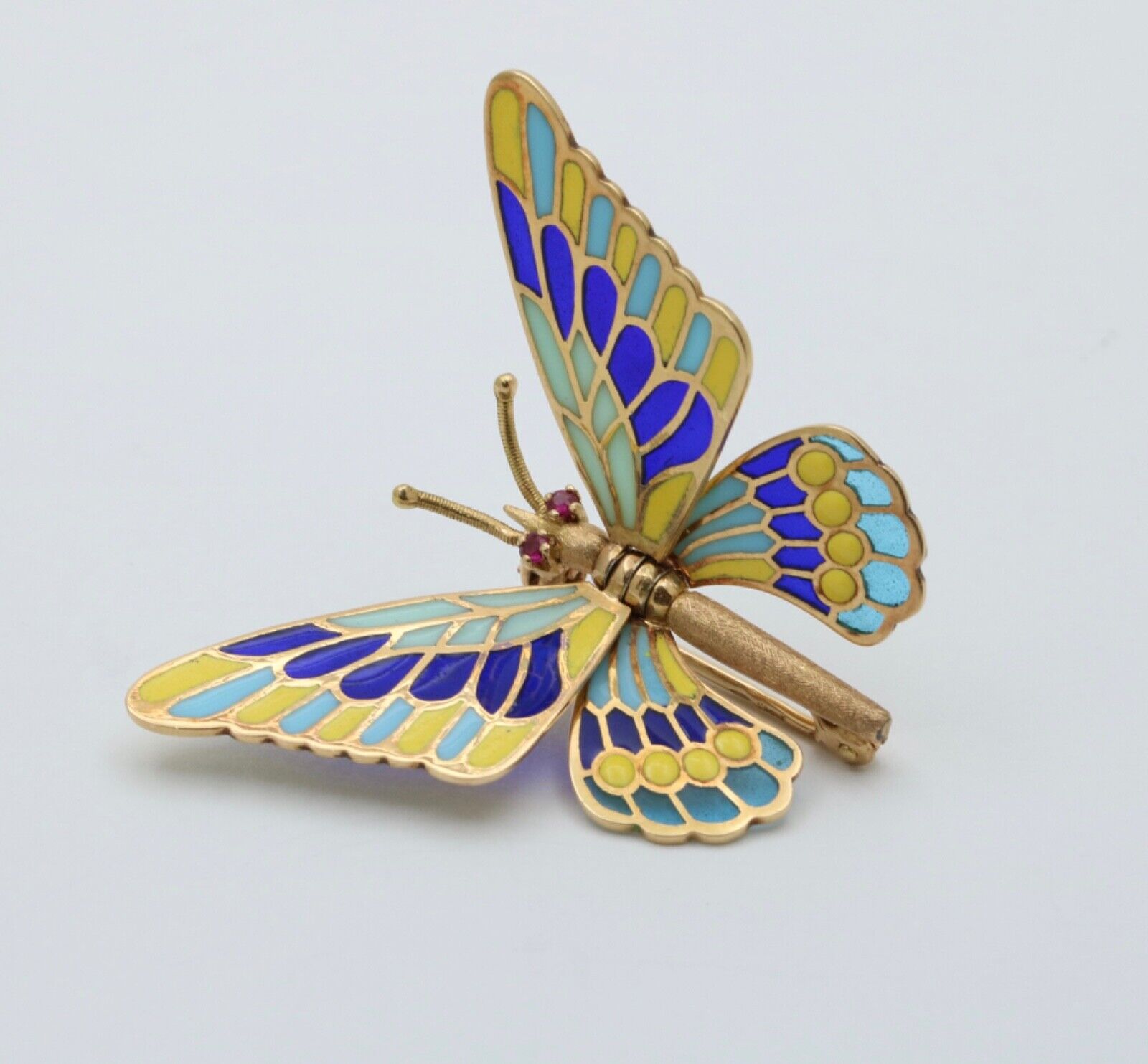 Vintage 18K Yellow Gold Plique A Jour Enamel Butterfly Brooch