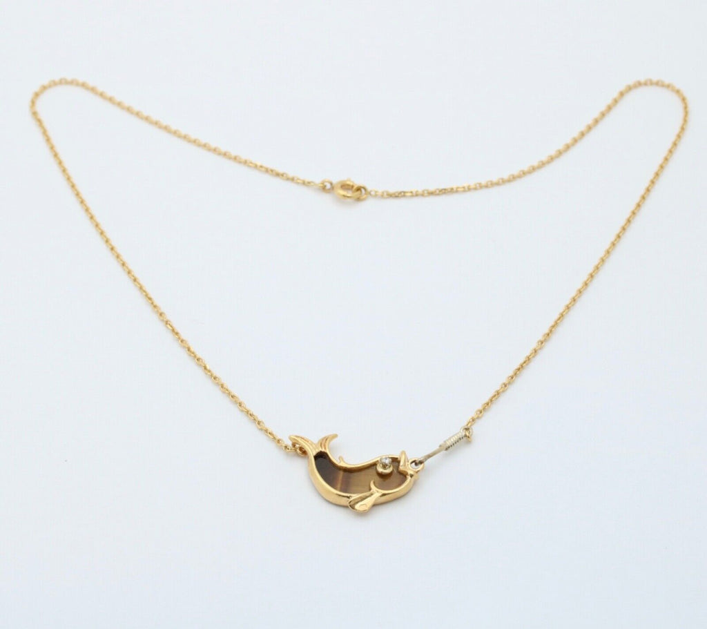 Vintage 18K Yellow Gold Tiger Eye & Diamond Fish Pendant Necklace