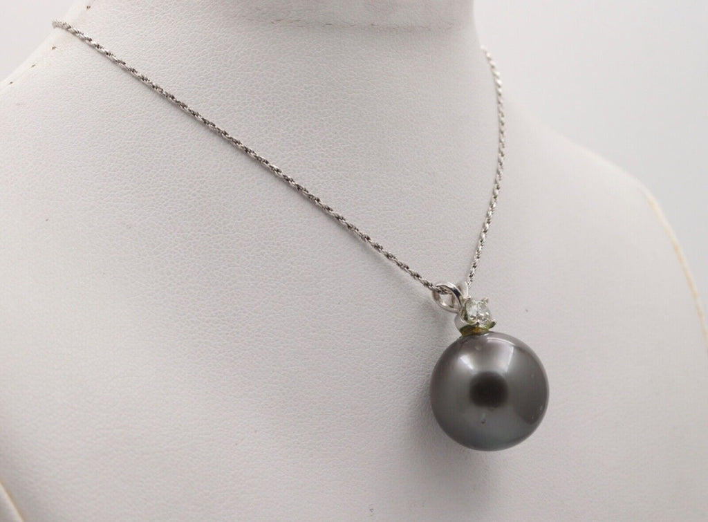 Vintage Large 16.5 mm Tahitian South Sea pearls Diamond 14K White Gold Necklace