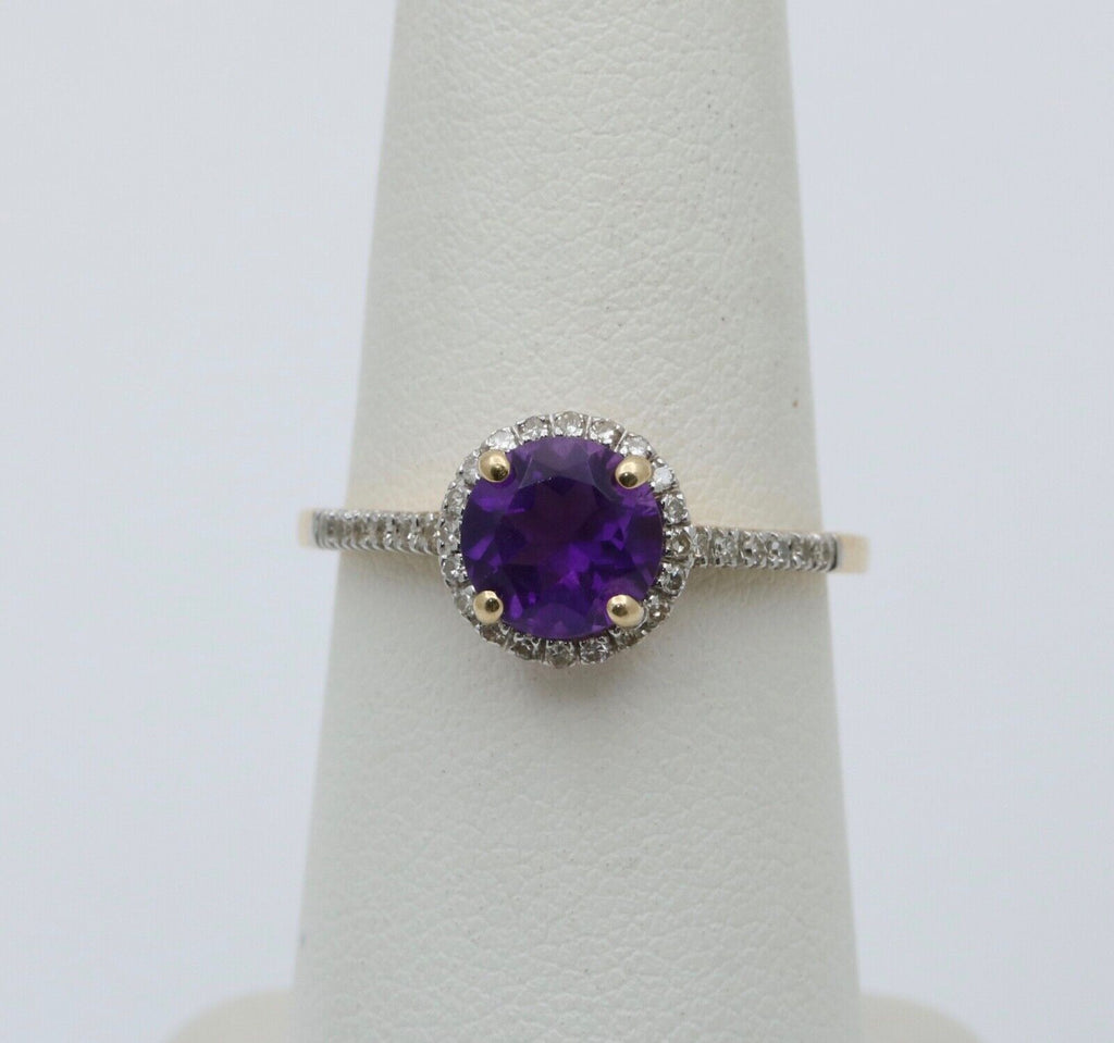 Vintage 14K Yellow Gold Amethyst Diamond Halo Ring