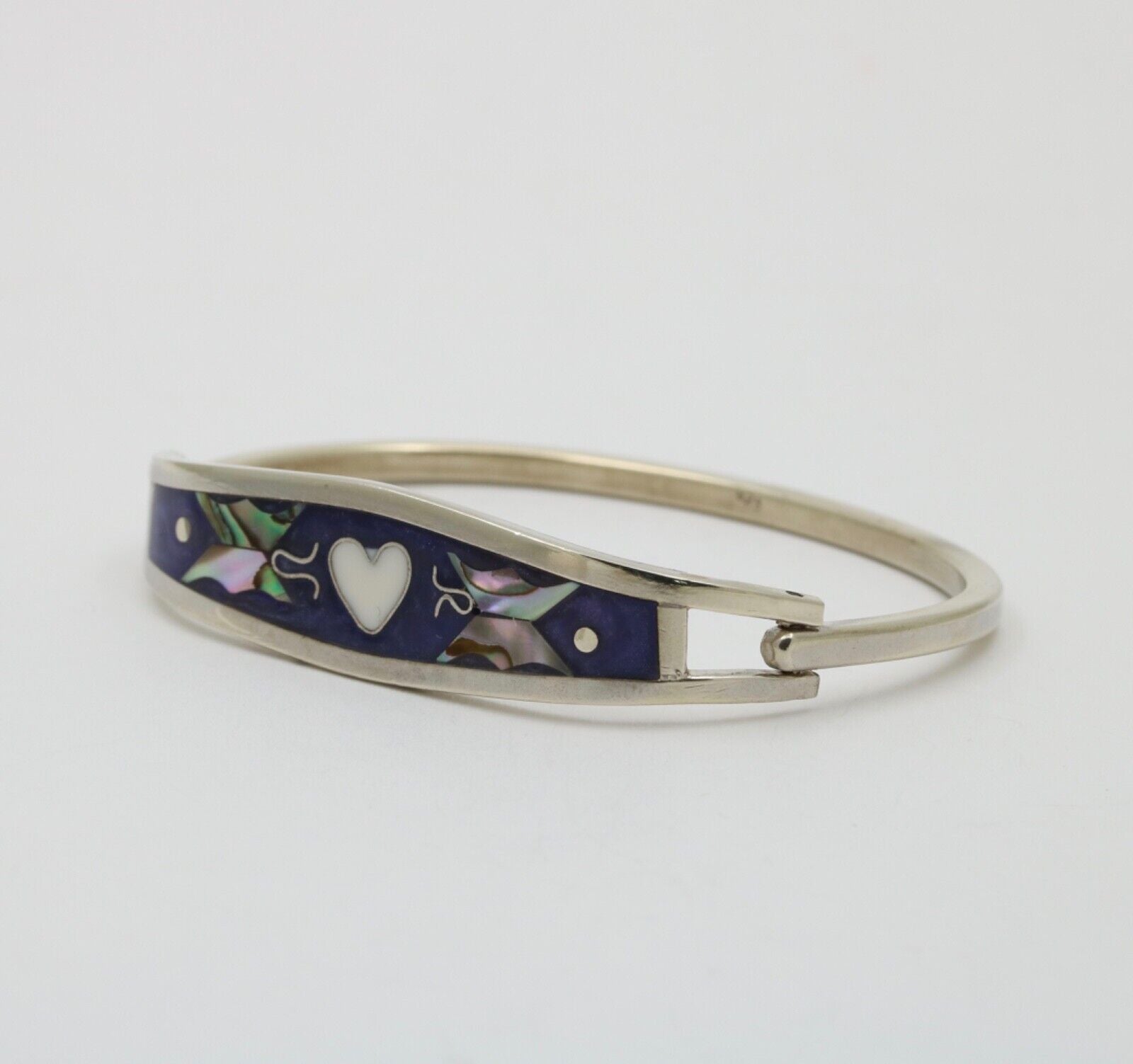 Sterling Silver Inlay Mother Of Pearl Heart & Butterfly Bangle
