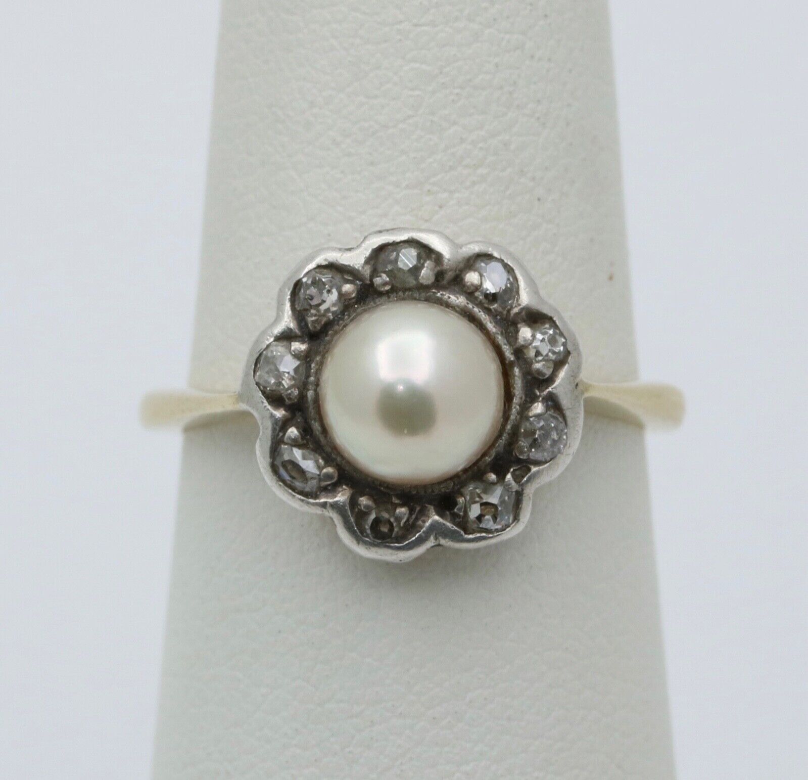 Victorian English Rose Cut Diamonds Pearl 18K Yellow White Gold Ring