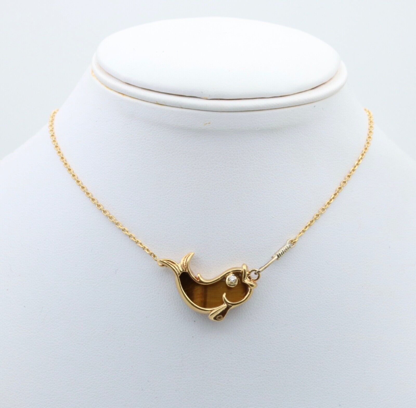 Vintage 18K Yellow Gold Tiger Eye & Diamond Fish Pendant Necklace