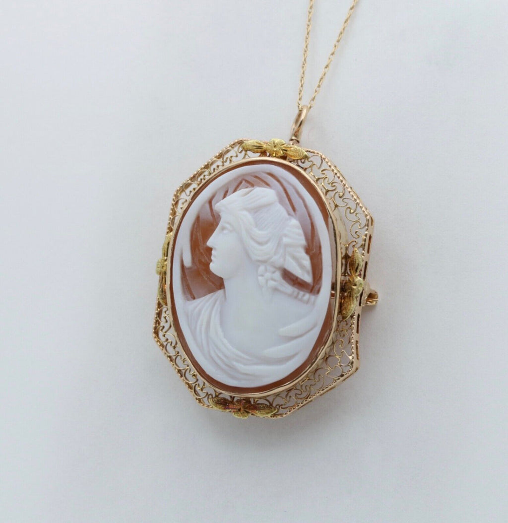 Victorian Carved Cameo 14K Yellow Gold Pendant Brooch