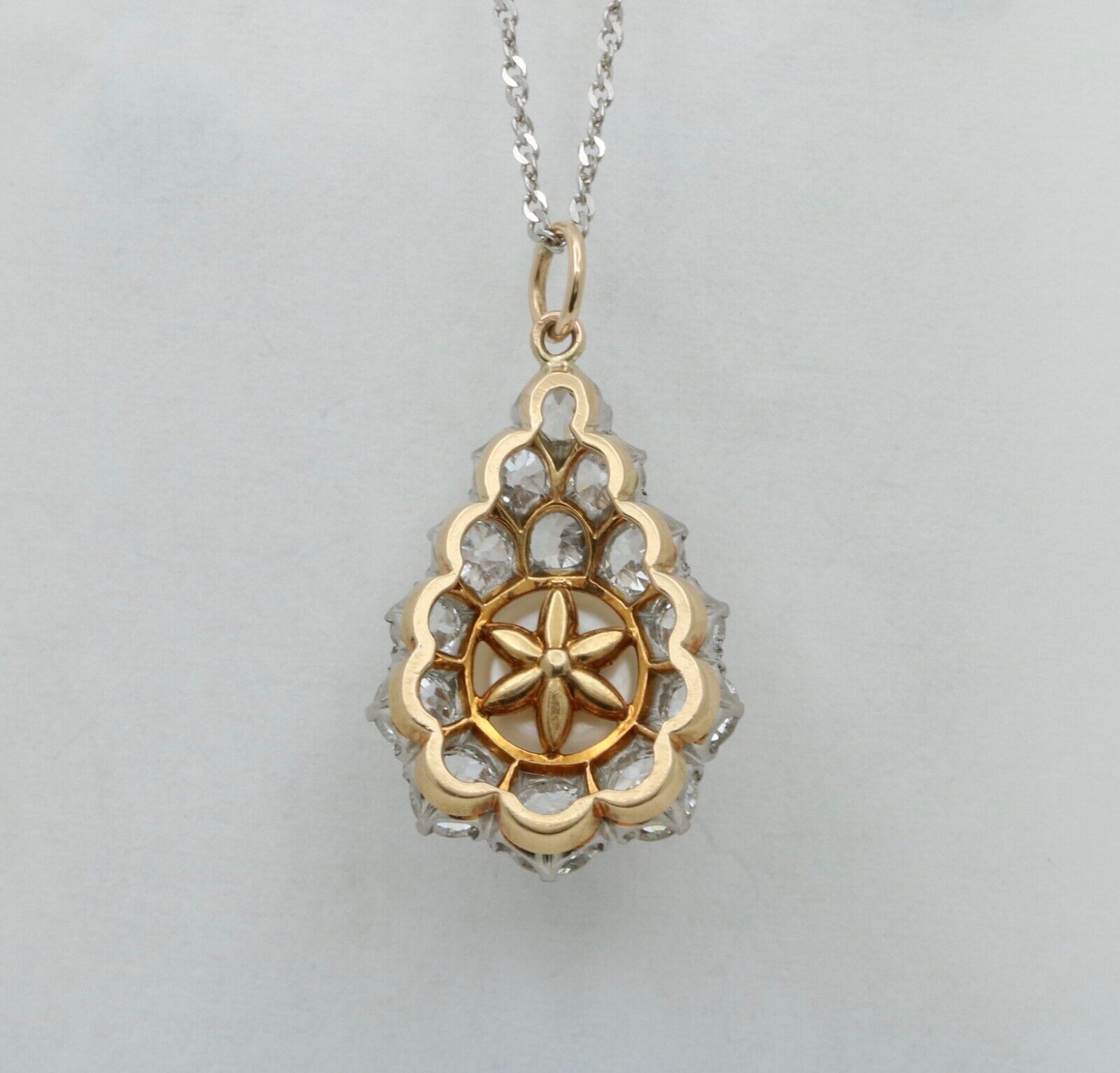 Vintage 18K Yellow Gold & Platinum Diamond Pearl Pendant Charm