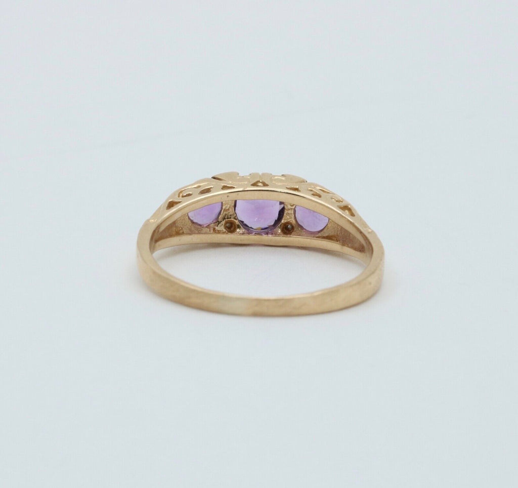 Victorian 14K Yellow Gold Three Stones Amethyst  & diamond Ring