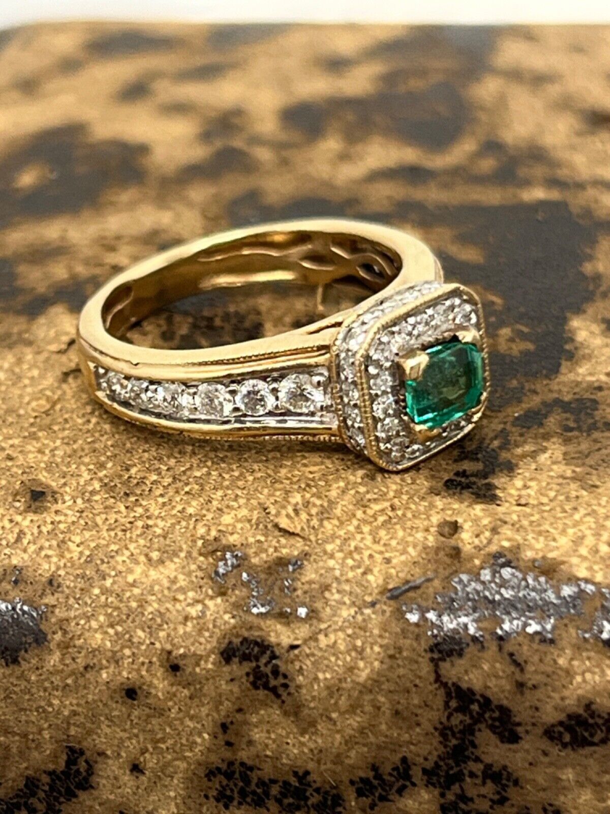 Vintage 14K Yellow Gold Emerald & Diamond Ring, Engagement Ring