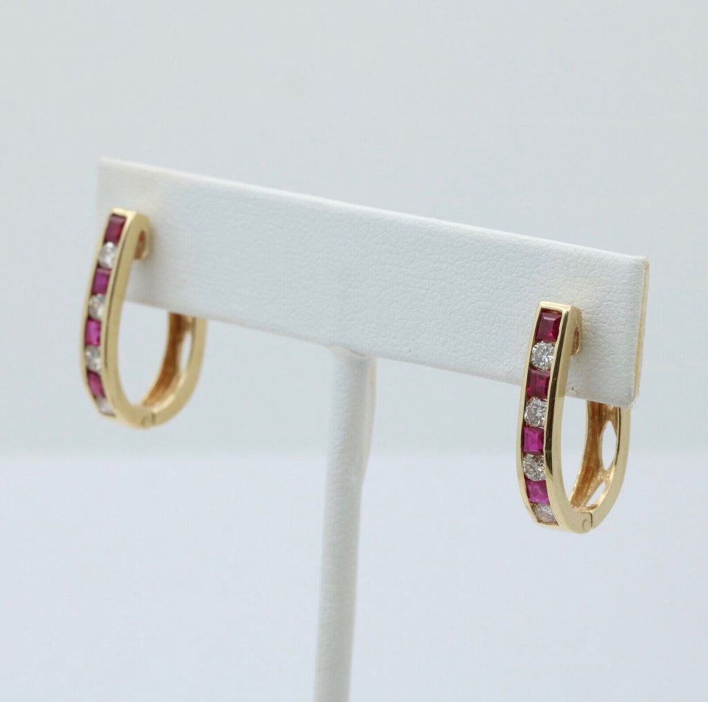Vintage 14K Yellow Gold Ruby And Diamond Huggies Earrings