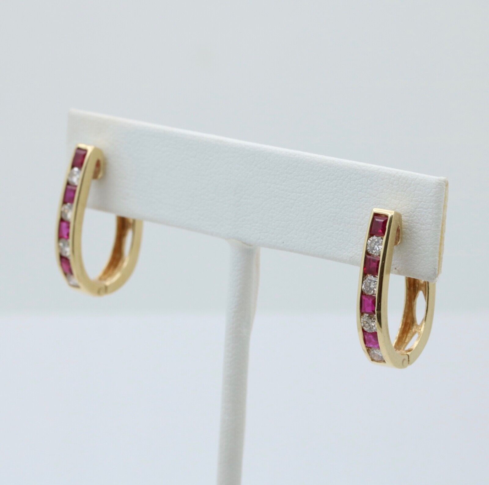 Vintage 14K Yellow Gold Ruby And Diamond Huggies Earrings