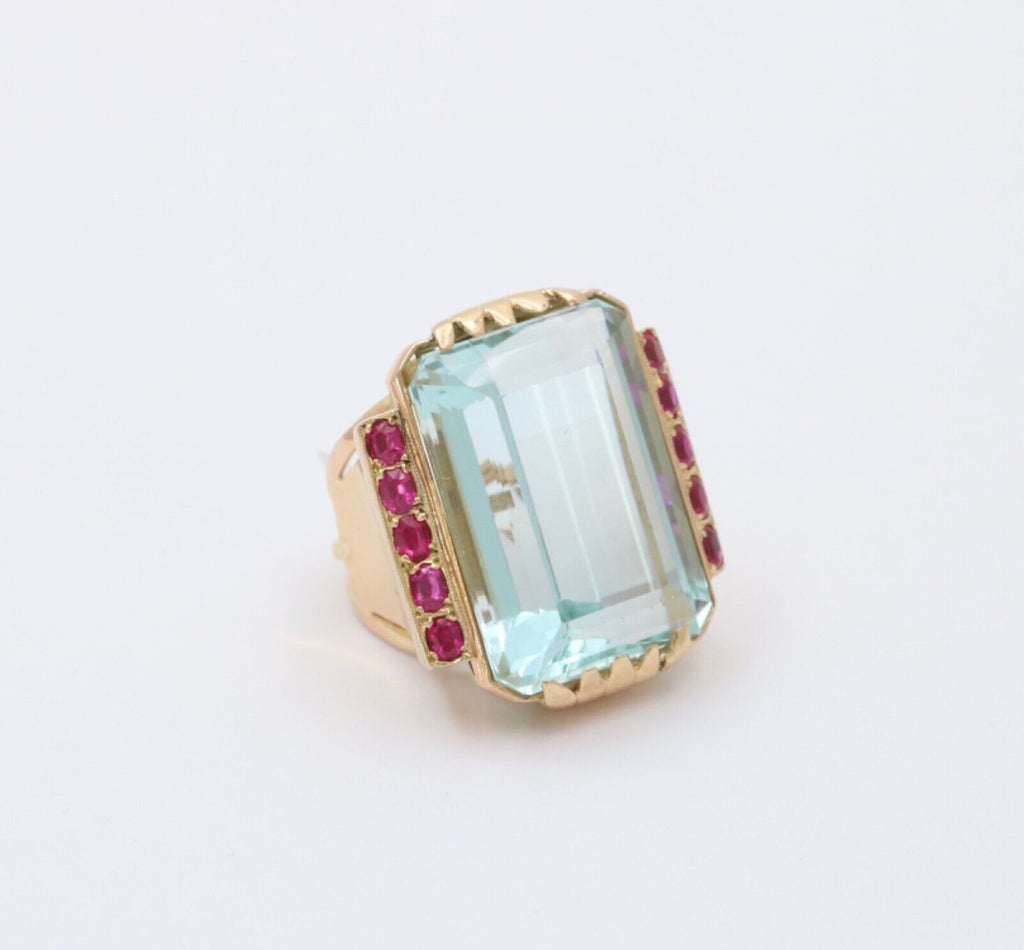 Vintage Retro 14K Yellow Gold Large Aquamarine & Ruby Ring