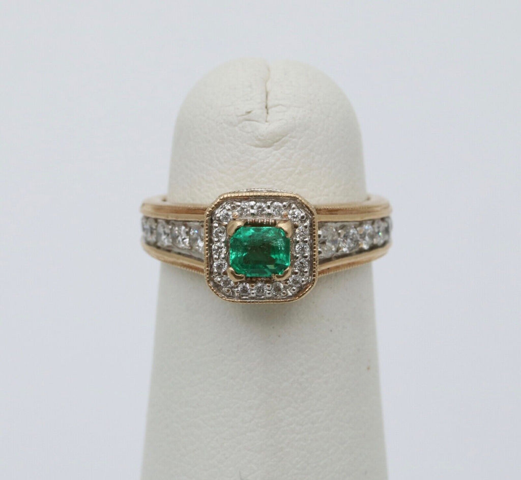 Vintage 14K Yellow Gold Emerald & Diamond Ring, Engagement Ring