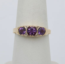 Load image into Gallery viewer, Victorian 14K Yellow Gold Three Stones Amethyst  &amp; diamond Ring
