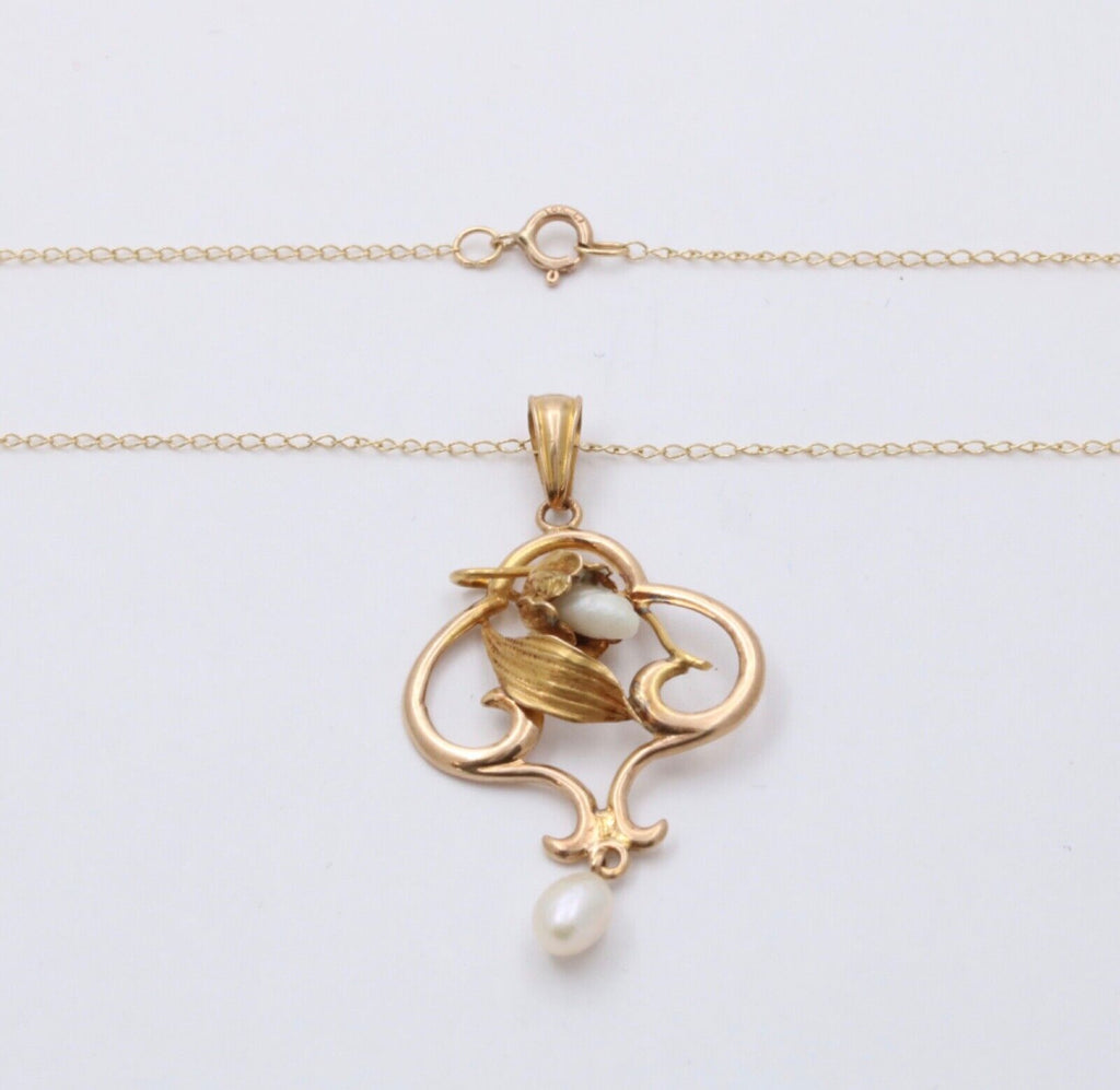 Art Nouveau 10K Yellow Gold Acorn Pearl Pendant Necklace