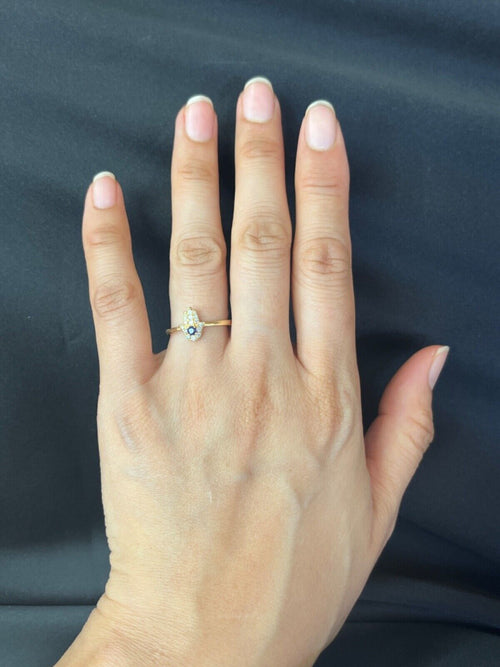 Vintage 10K Yellow Gold Diamond & Sapphire Hamsa Ring