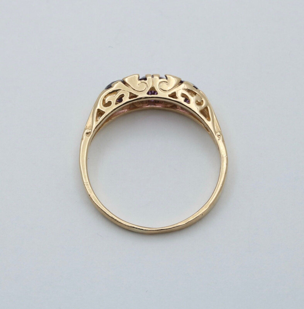 Victorian 14K Yellow Gold Three Stones Amethyst  & diamond Ring