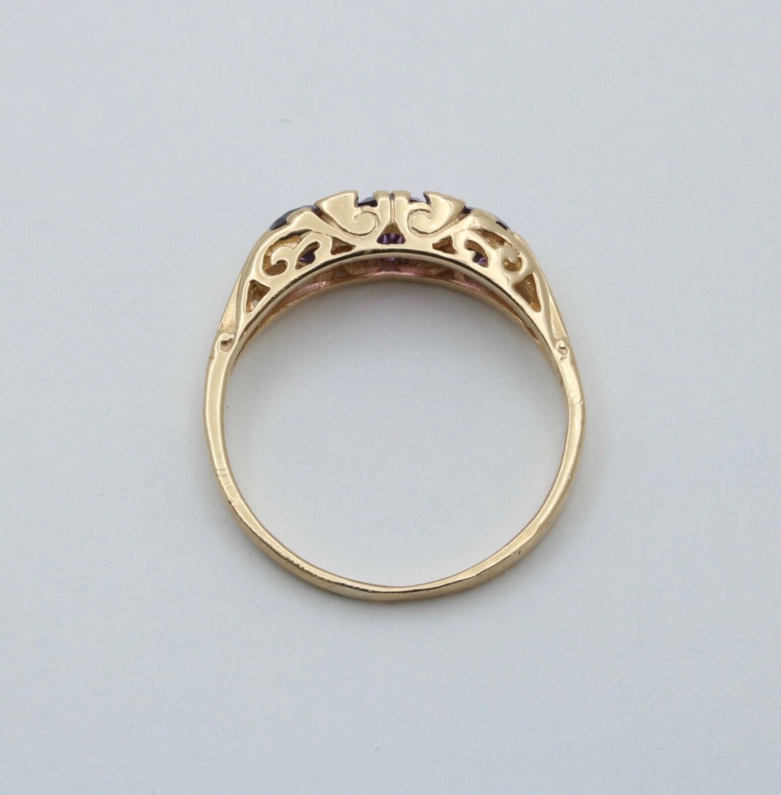Victorian 14K Yellow Gold Three Stones Amethyst  & diamond Ring