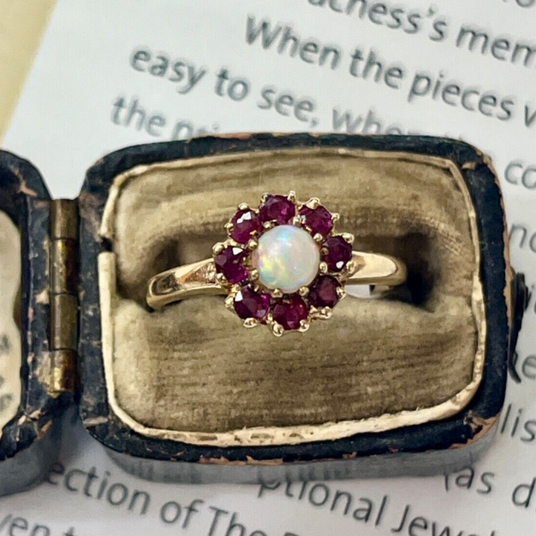 Vintage 10K Yellow Gold Opal & Ruby Flower Ring