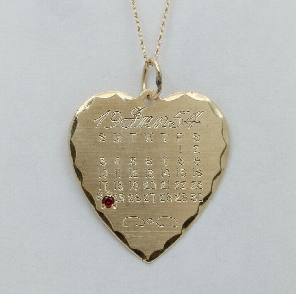 Vintage 14K Yellow Gold January Calendar Birthday Heart Charm, Birthstone Garnet