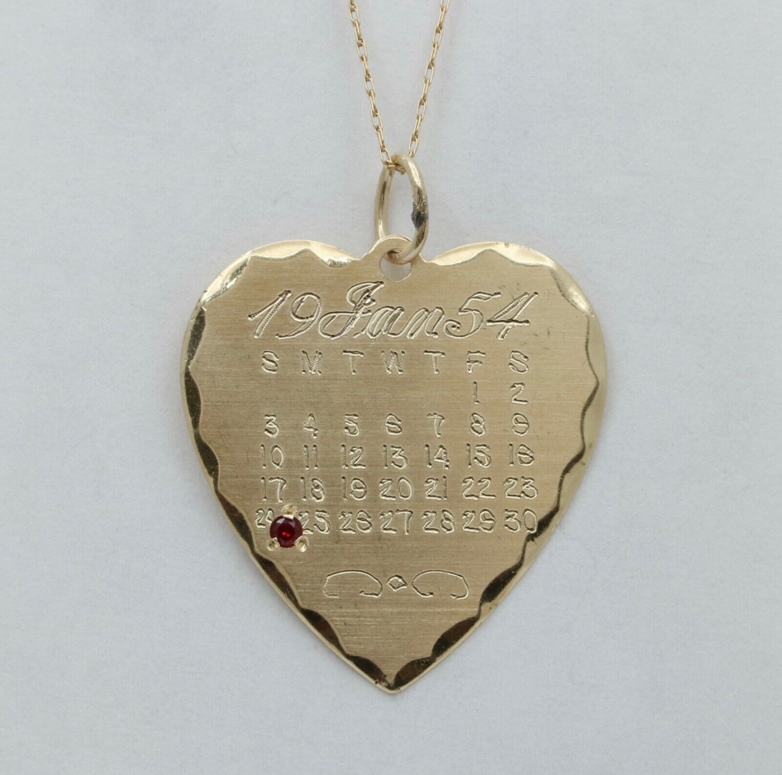 Vintage 14K Yellow Gold January Calendar Birthday Heart Charm, Birthstone Garnet