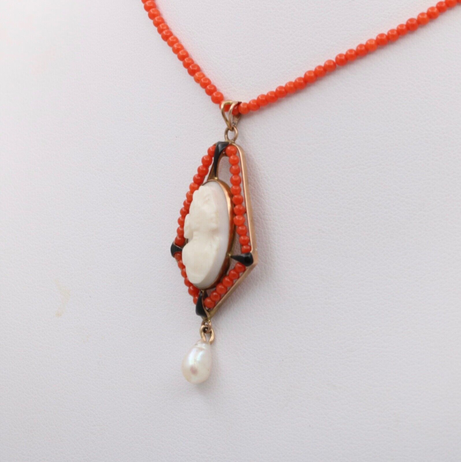 Vintage Coral Cameo Enamel Yellow Gold Pendant Necklace