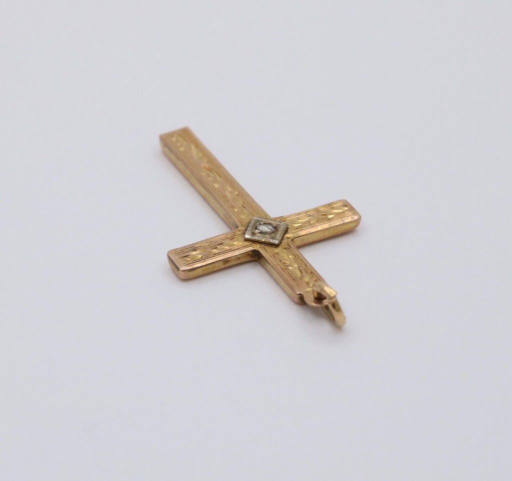 Vintage 10K Yellow & White Gold Cross Diamond Pendant