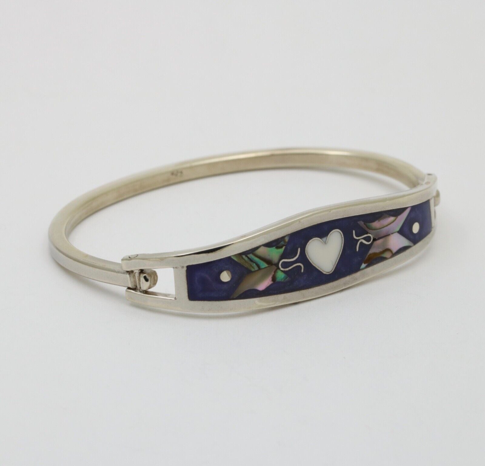 Sterling Silver Inlay Mother Of Pearl Heart & Butterfly Bangle