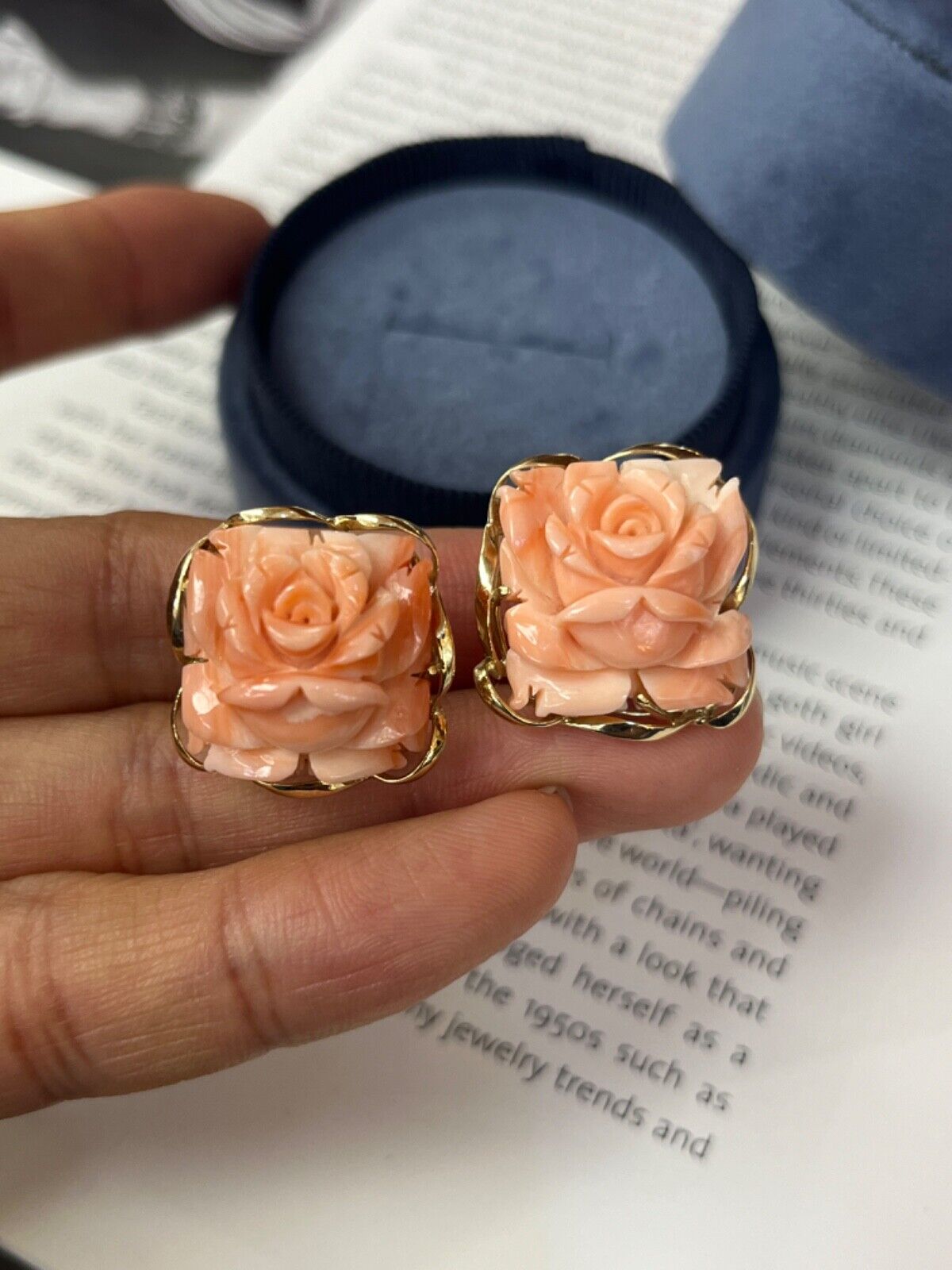 Vintage Carved Coral 14K Yellow Gold Flower Earrings