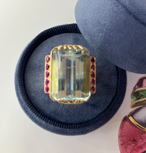 Load image into Gallery viewer, Vintage Retro 14K Yellow Gold Large Aquamarine &amp; Ruby Ring
