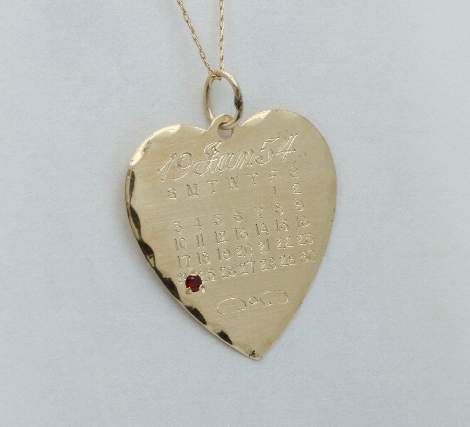 Vintage 14K Yellow Gold January Calendar Birthday Heart Charm, Birthstone Garnet