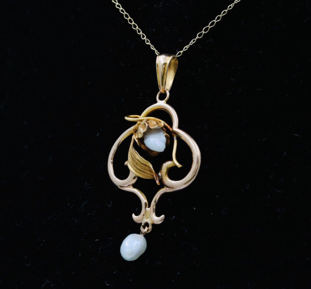 Art Nouveau 10K Yellow Gold Acorn Pearl Pendant Necklace