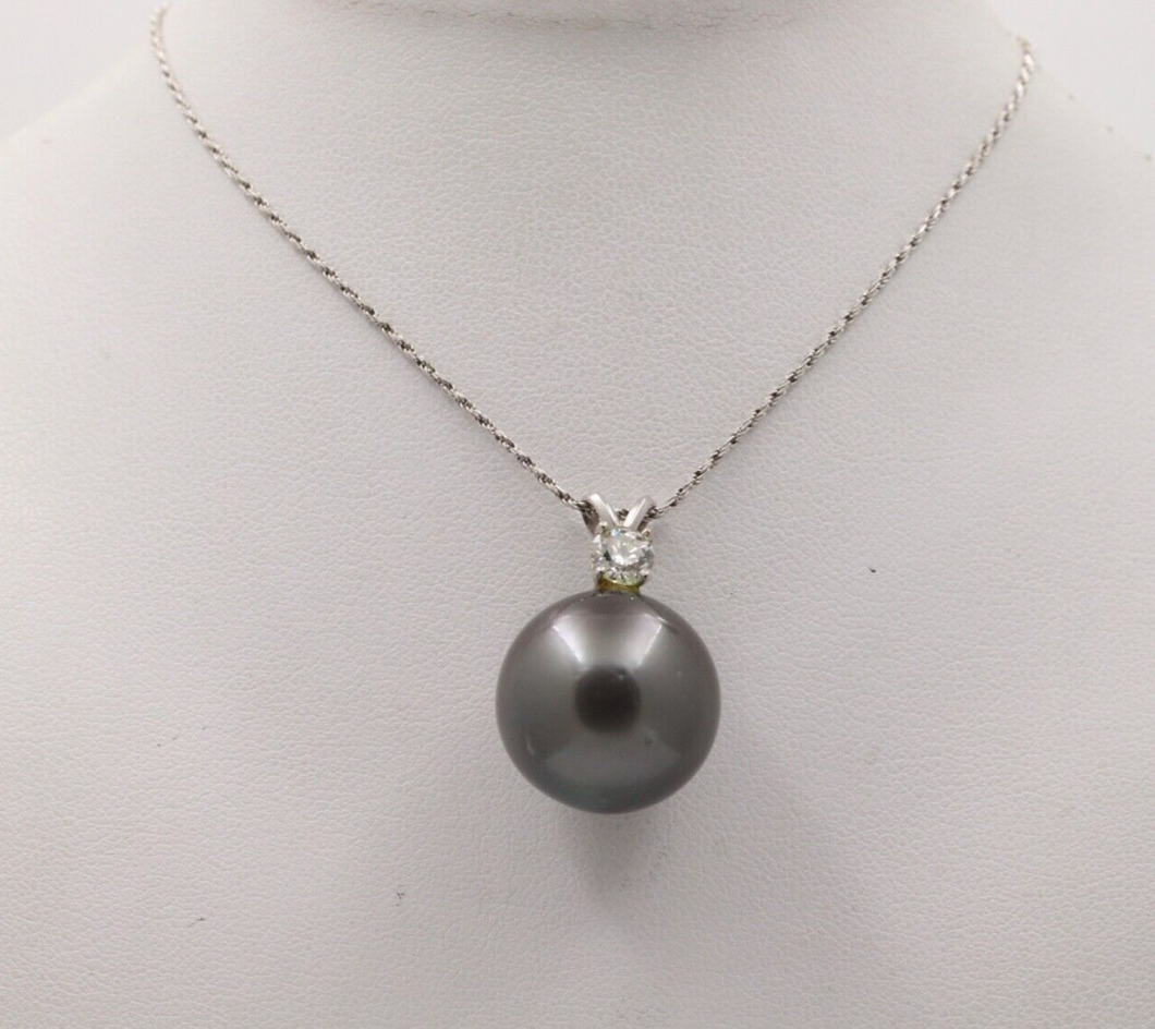 Vintage Large 16.5 mm Tahitian South Sea pearls Diamond 14K White Gold Necklace