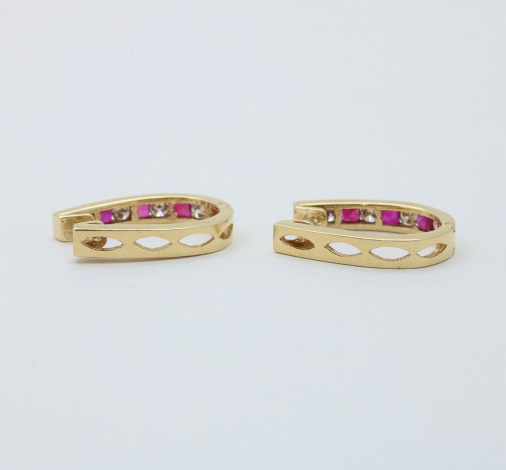 Vintage 14K Yellow Gold Ruby And Diamond Huggies Earrings