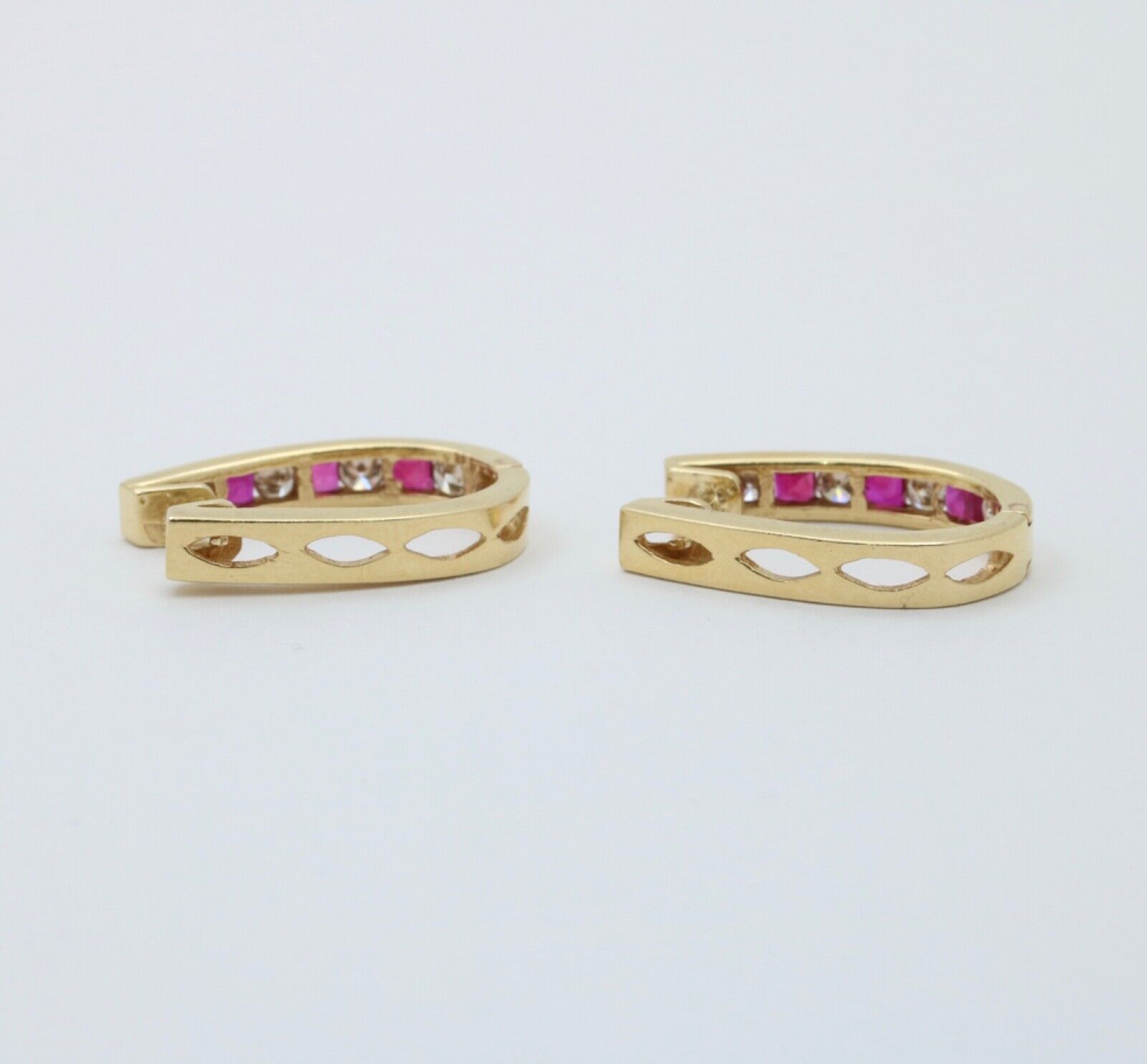 Vintage 14K Yellow Gold Ruby And Diamond Huggies Earrings