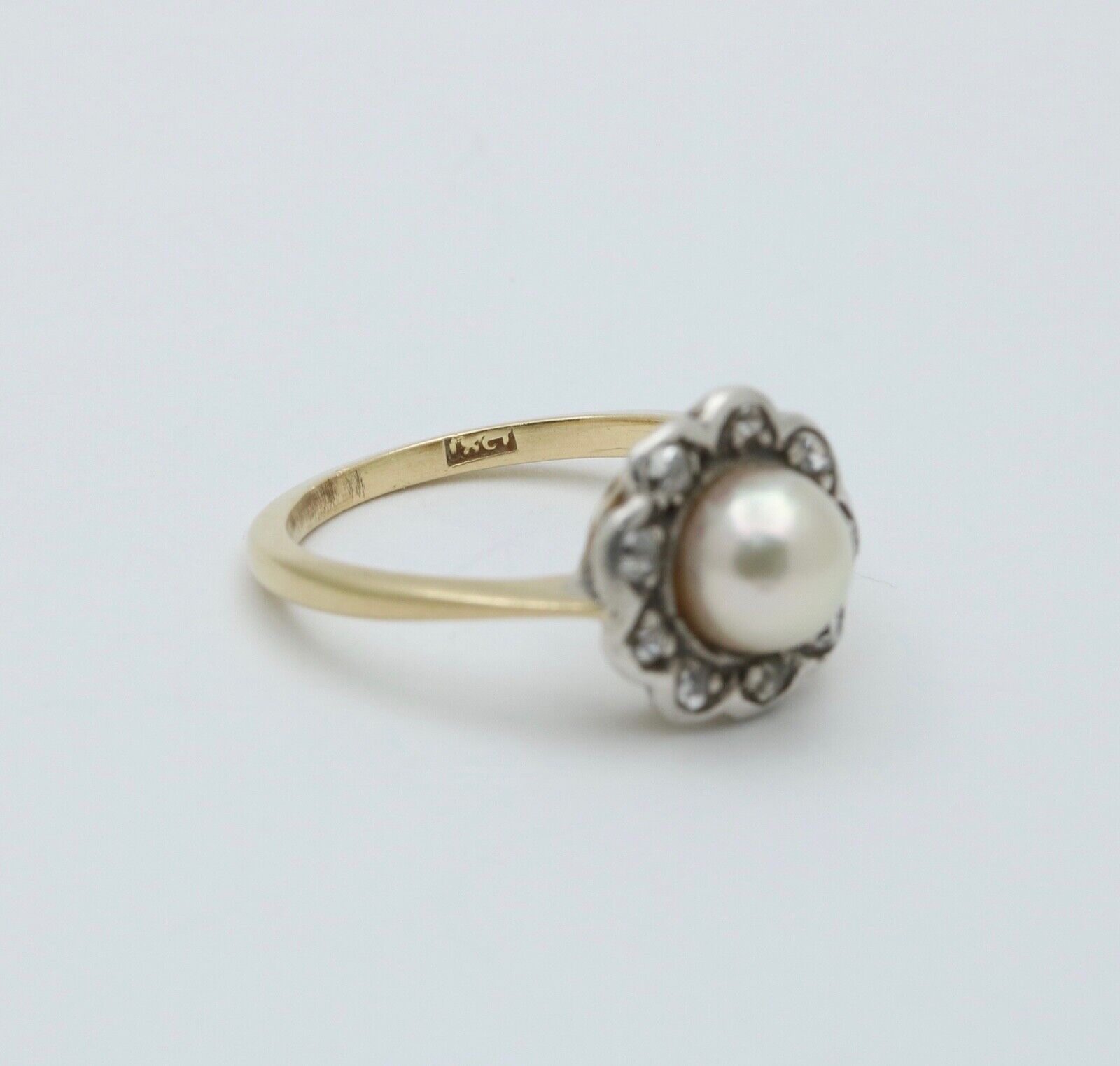 Victorian English Rose Cut Diamonds Pearl 18K Yellow White Gold Ring