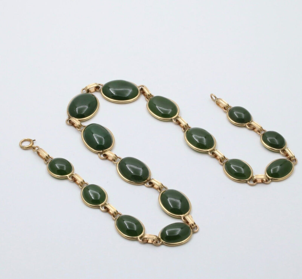 Vintage Oval Eternity Jade 14K Yellow Gold Necklace