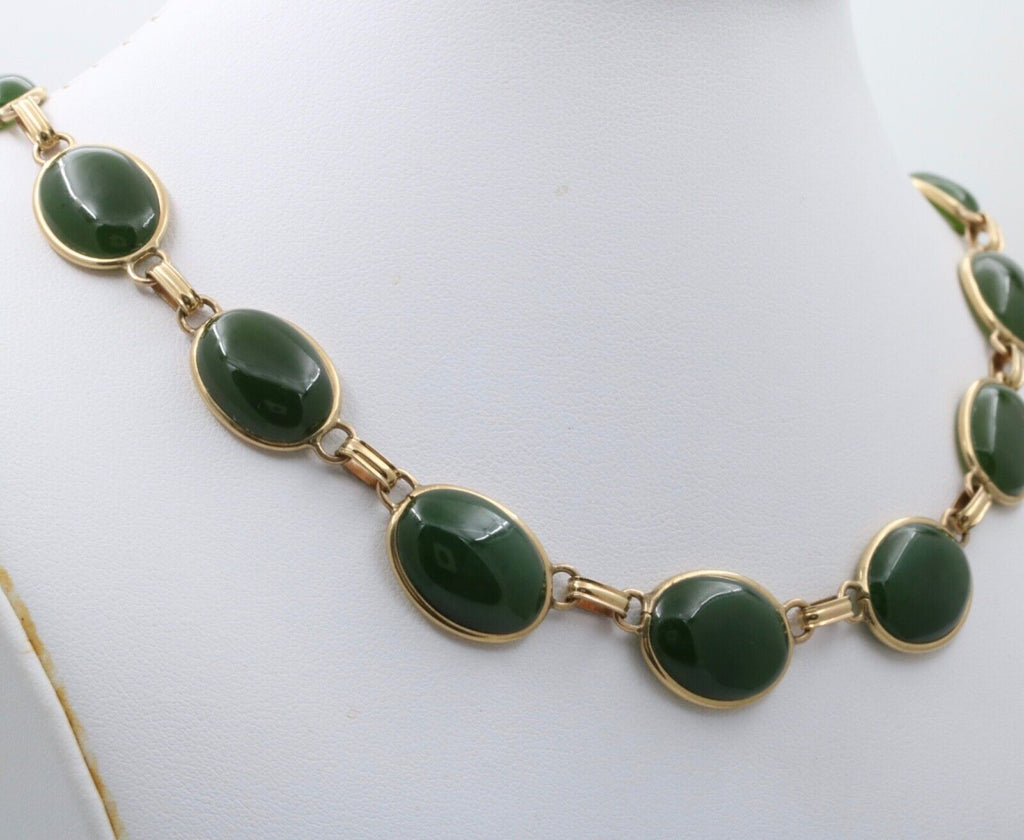 Vintage Oval Eternity Jade 14K Yellow Gold Necklace
