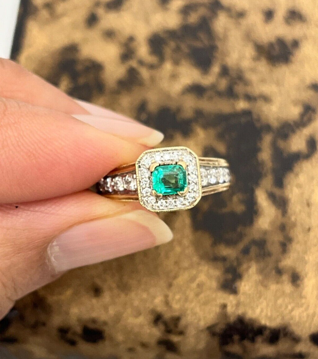 Vintage 14K Yellow Gold Emerald & Diamond Ring, Engagement Ring