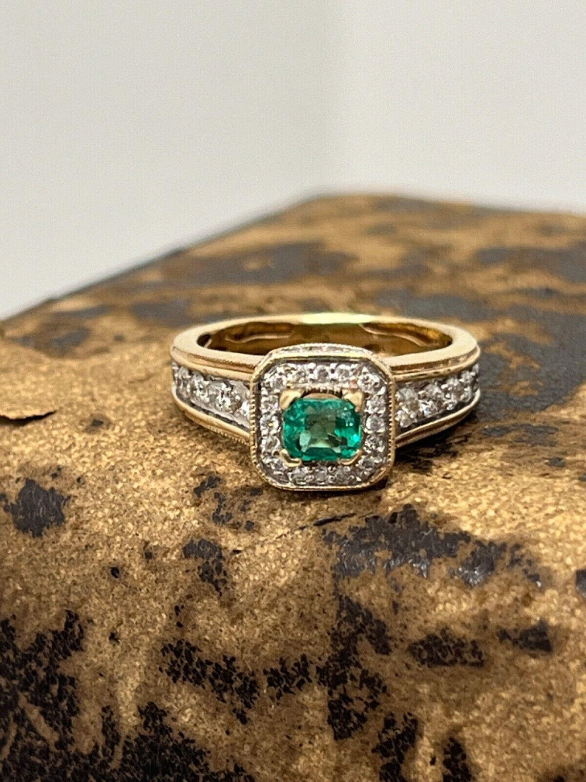 Vintage 14K Yellow Gold Emerald & Diamond Ring, Engagement Ring