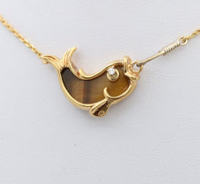 Load image into Gallery viewer, Vintage 18K Yellow Gold Tiger Eye &amp; Diamond Fish Pendant Necklace
