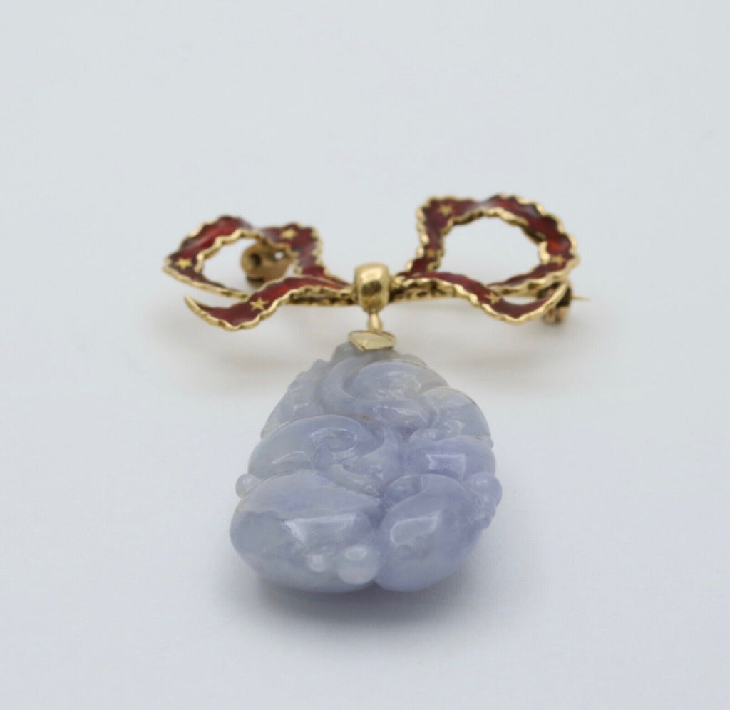 Vintage 14K Yellow Gold Bow Lavender Jade Enamel Brooch
