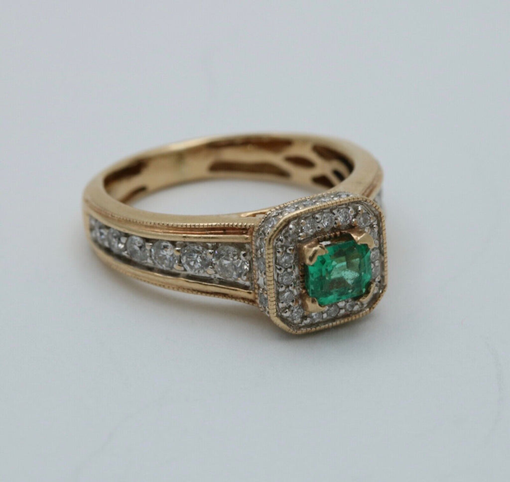 Vintage 14K Yellow Gold Emerald & Diamond Ring, Engagement Ring