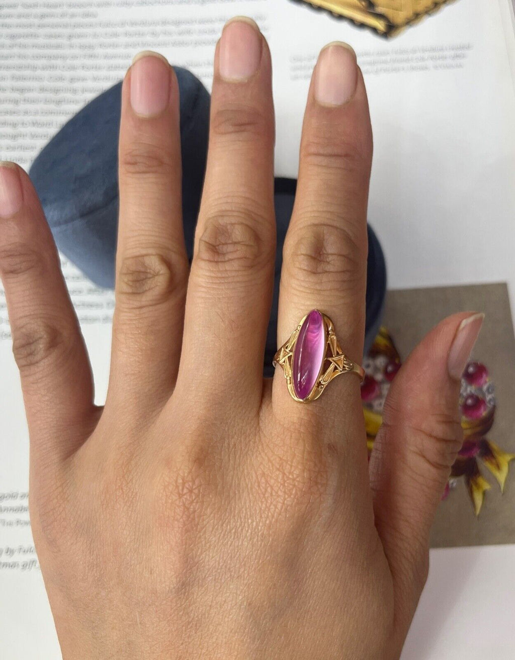 Vintage Russian 14K Yellow Gold Marquise Pink Paste Ring,