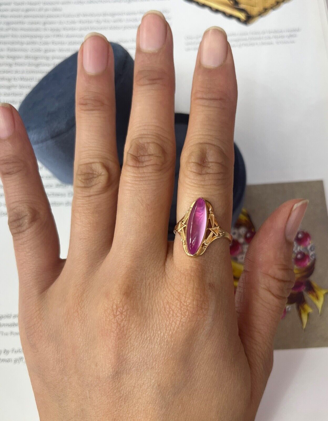 Vintage Russian 14K Yellow Gold Marquise Pink Paste Ring,