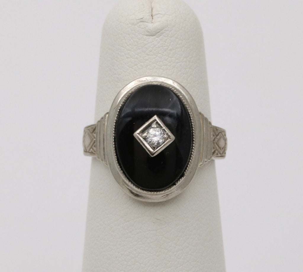 Antique Art Deco 14K White Gold Onyx & Diamond Ring